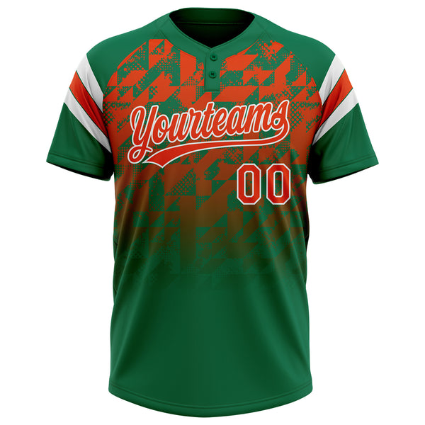 Custom Kelly Green Orange-White Gradient Geometric Grid Sleeve Stripes Two-Button Unisex Softball Jersey