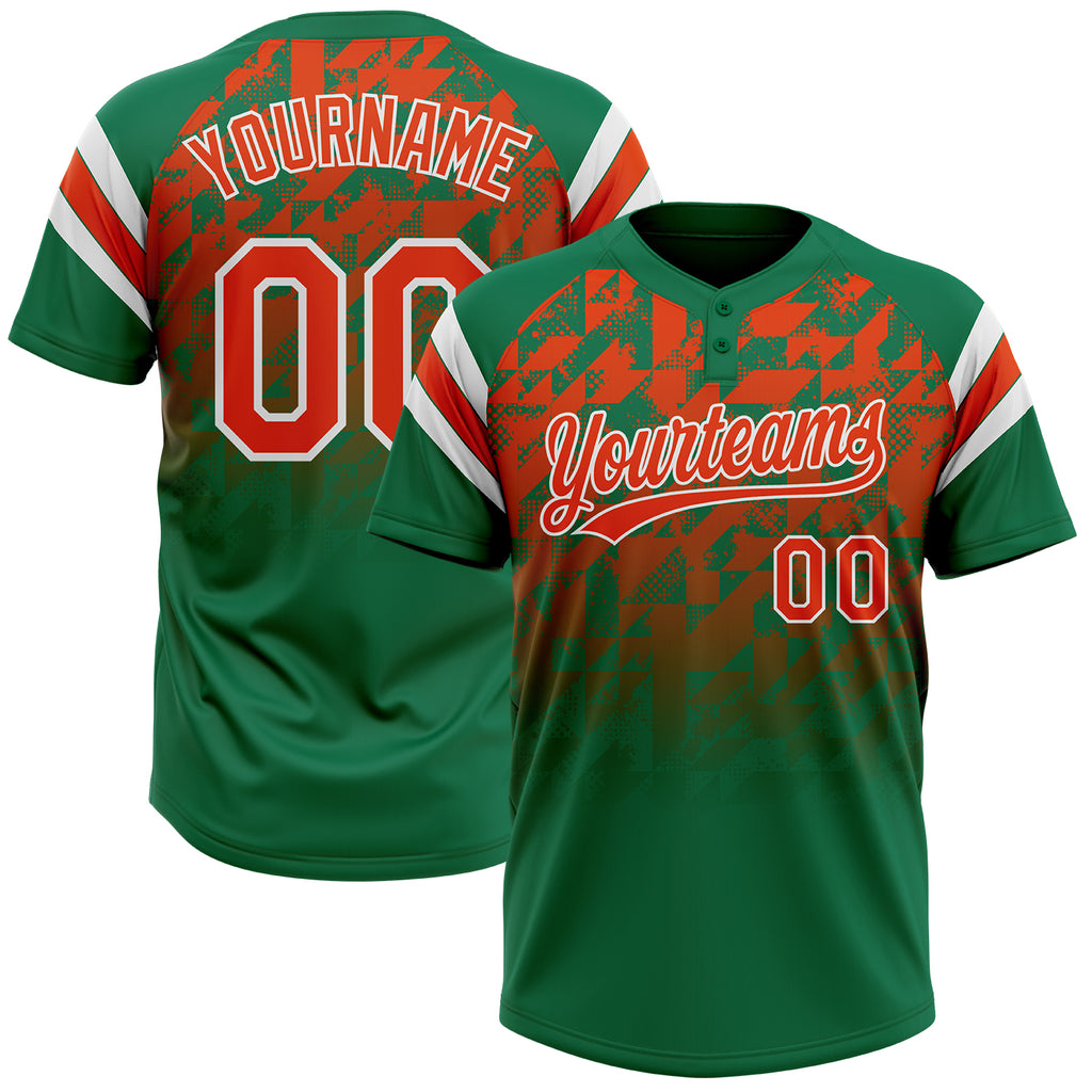 Custom Kelly Green Orange-White Gradient Geometric Grid Sleeve Stripes Two-Button Unisex Softball Jersey