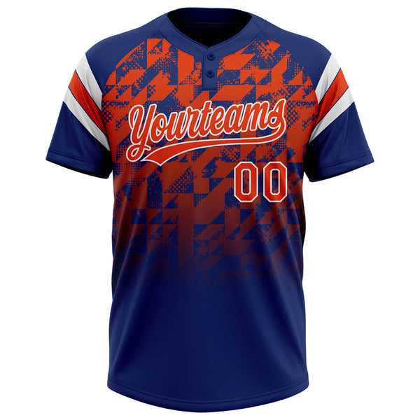 Custom Royal Orange-White Gradient Geometric Grid Sleeve Stripes Two-Button Unisex Softball Jersey