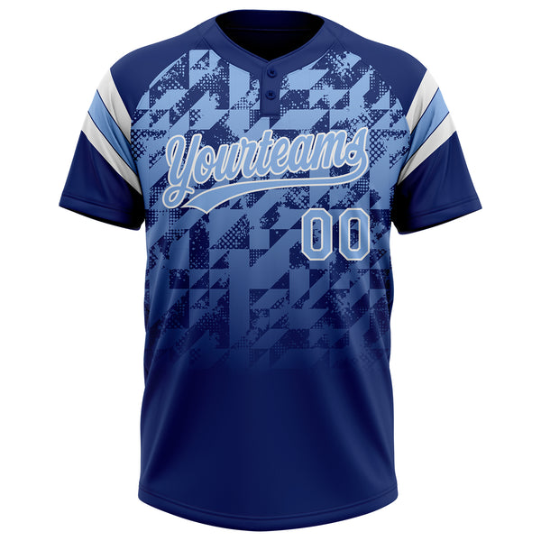 Custom Royal Light Blue-White Gradient Geometric Grid Sleeve Stripes Two-Button Unisex Softball Jersey