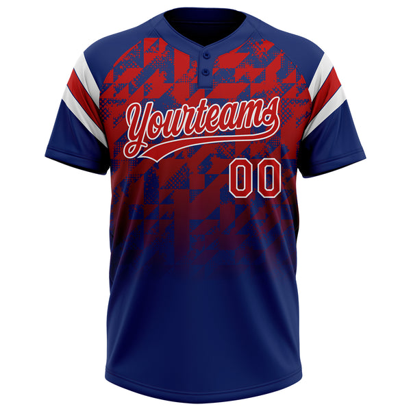 Custom Royal Red-White Gradient Geometric Grid Sleeve Stripes Two-Button Unisex Softball Jersey