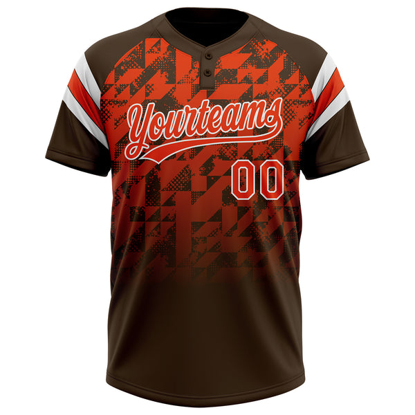 Custom Brown Orange-White Gradient Geometric Grid Sleeve Stripes Two-Button Unisex Softball Jersey