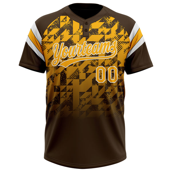 Custom Brown Gold-White Gradient Geometric Grid Sleeve Stripes Two-Button Unisex Softball Jersey