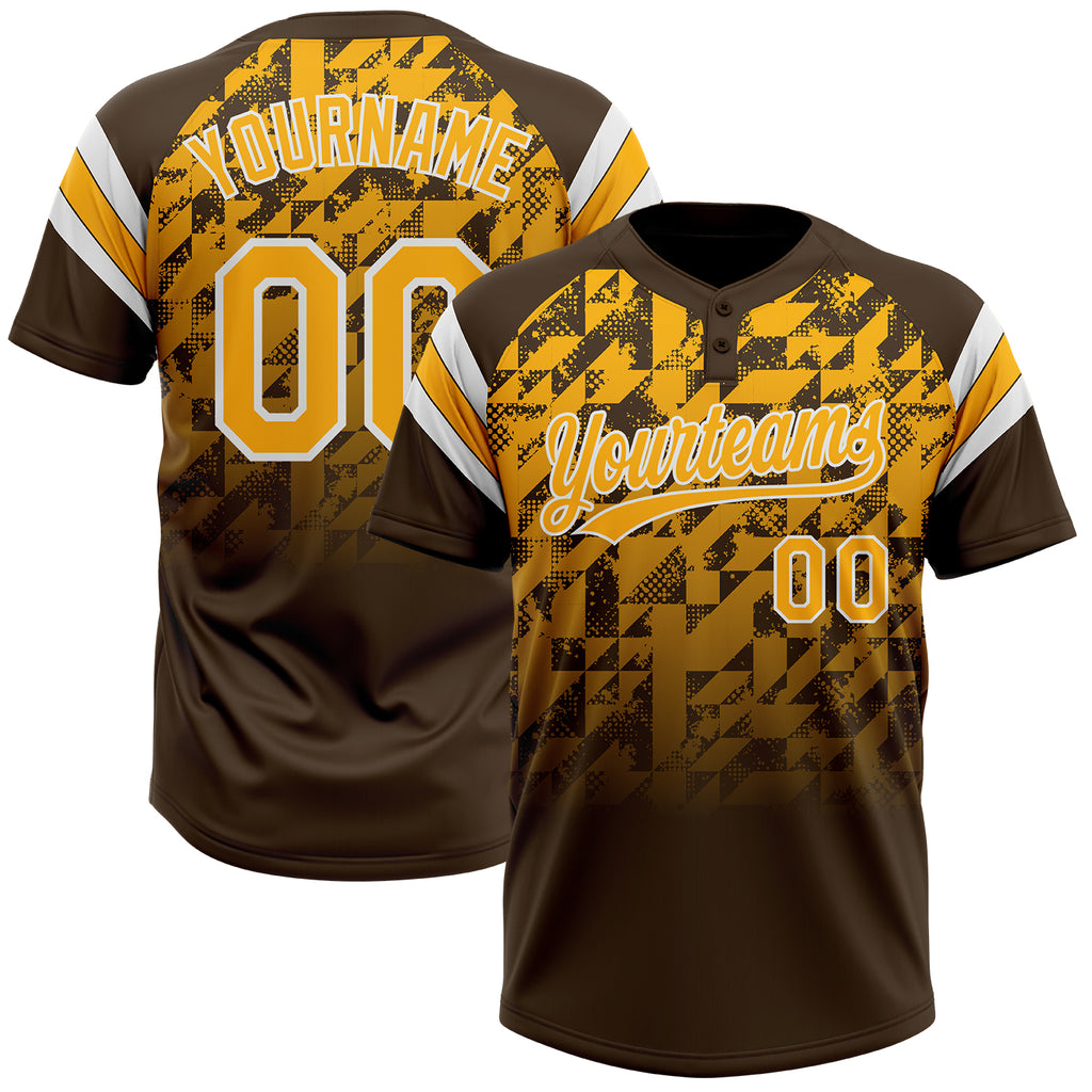 Custom Brown Gold-White Gradient Geometric Grid Sleeve Stripes Two-Button Unisex Softball Jersey