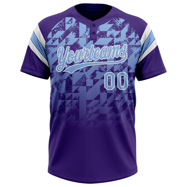 Custom Purple Light Blue-White Gradient Geometric Grid Sleeve Stripes Two-Button Unisex Softball Jersey