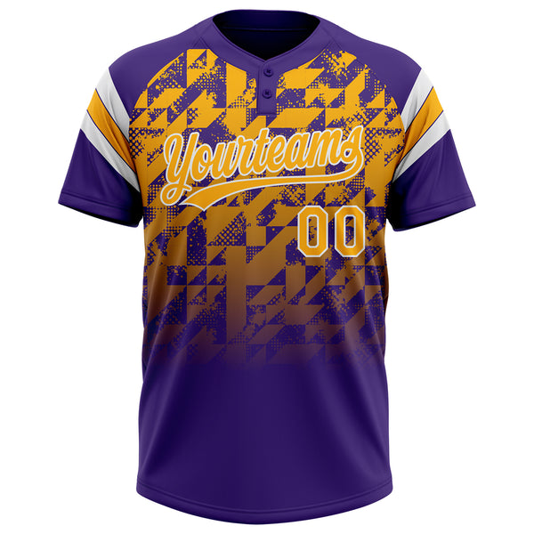 Custom Purple Gold-White Gradient Geometric Grid Sleeve Stripes Two-Button Unisex Softball Jersey