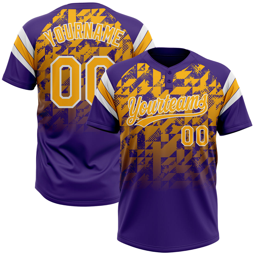 Custom Purple Gold-White Gradient Geometric Grid Sleeve Stripes Two-Button Unisex Softball Jersey