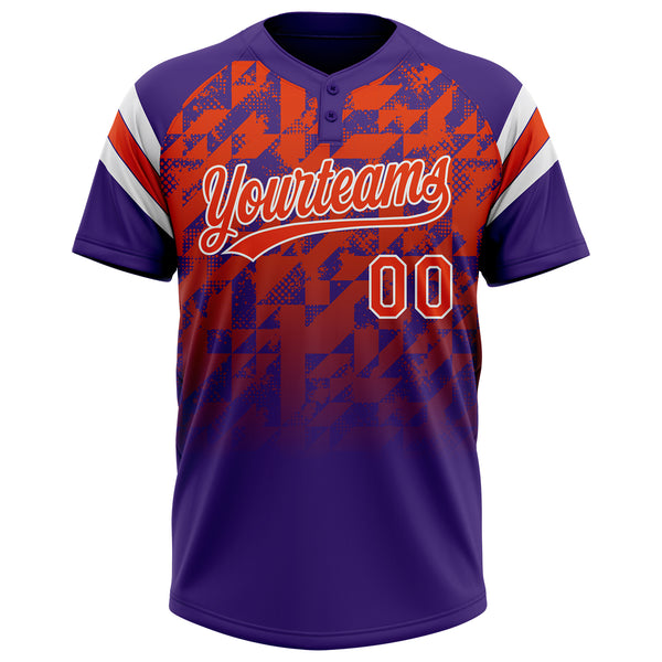 Custom Purple Orange-White Gradient Geometric Grid Sleeve Stripes Two-Button Unisex Softball Jersey