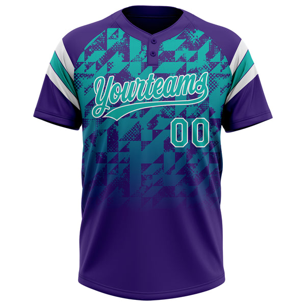 Custom Purple Aqua-White Gradient Geometric Grid Sleeve Stripes Two-Button Unisex Softball Jersey