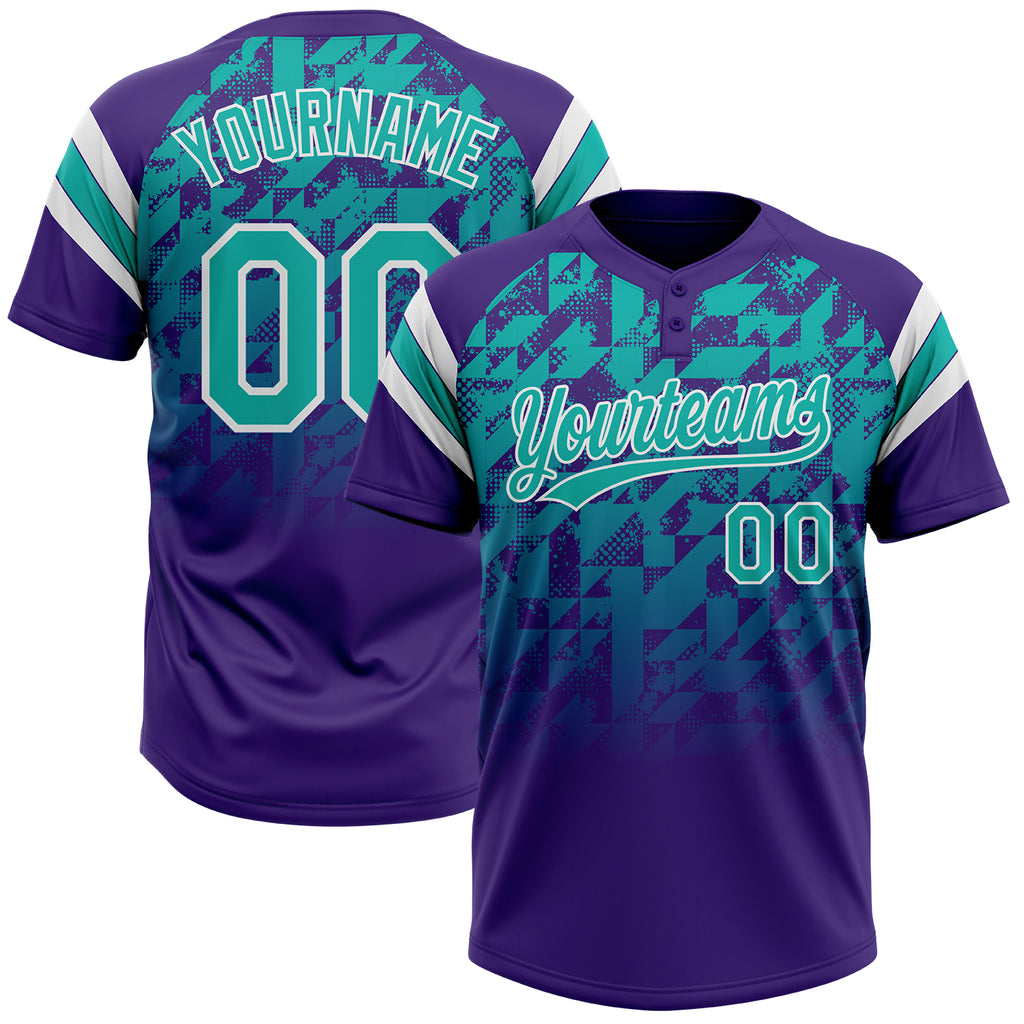 Custom Purple Aqua-White Gradient Geometric Grid Sleeve Stripes Two-Button Unisex Softball Jersey