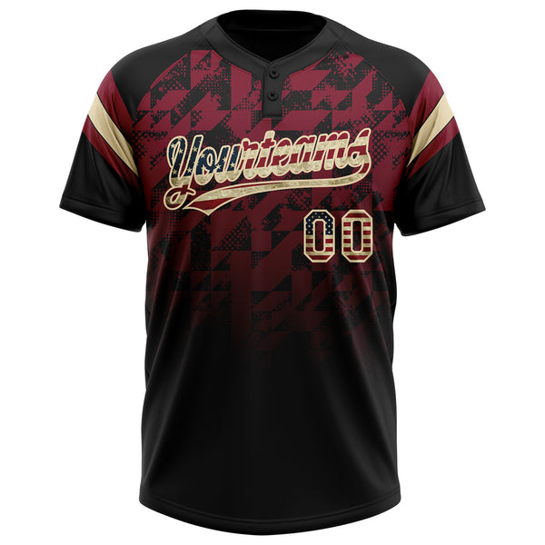 Custom Black Vintage USA Flag Crimson-Cream Gradient Geometric Grid Sleeve Stripes Two-Button Unisex Softball Jersey