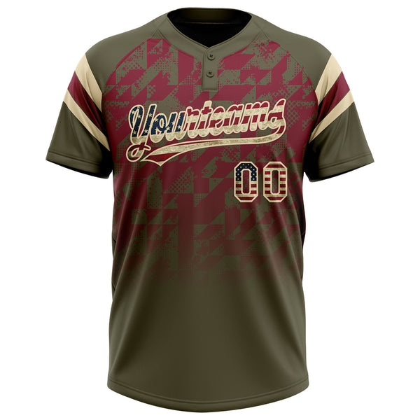 Custom Olive Vintage USA Flag Crimson-Cream Gradient Geometric Grid Sleeve Stripes Two-Button Unisex Softball Jersey