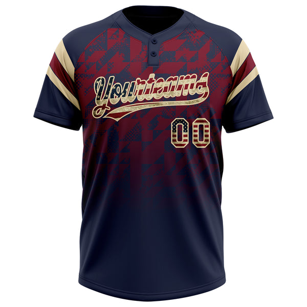 Custom Navy Vintage USA Flag Crimson-Cream Gradient Geometric Grid Sleeve Stripes Two-Button Unisex Softball Jersey