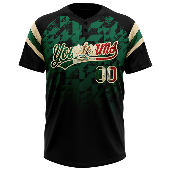 Custom Black Vintage Mexican Flag Kelly Green-Cream Gradient Geometric Grid Sleeve Stripes Two-Button Unisex Softball Jersey