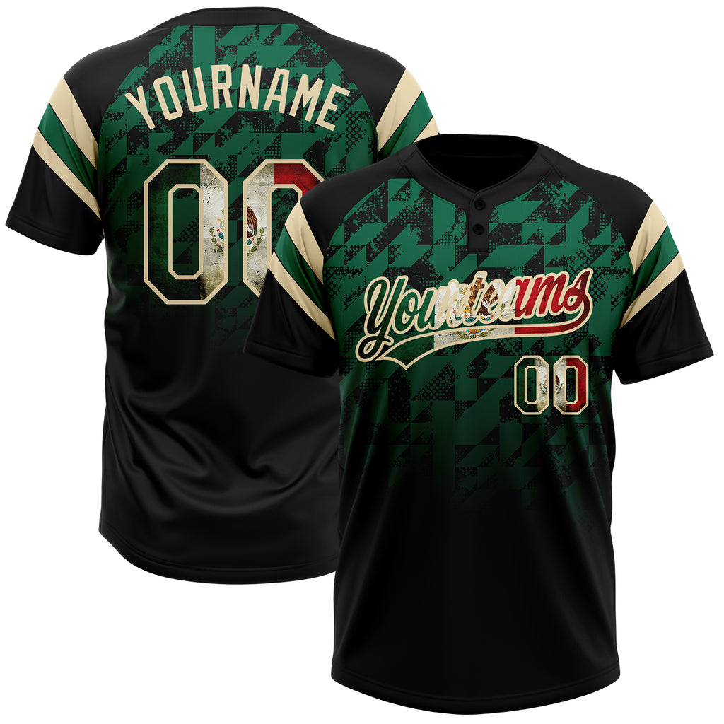 Custom Black Vintage Mexican Flag Kelly Green-Cream Gradient Geometric Grid Sleeve Stripes Two-Button Unisex Softball Jersey