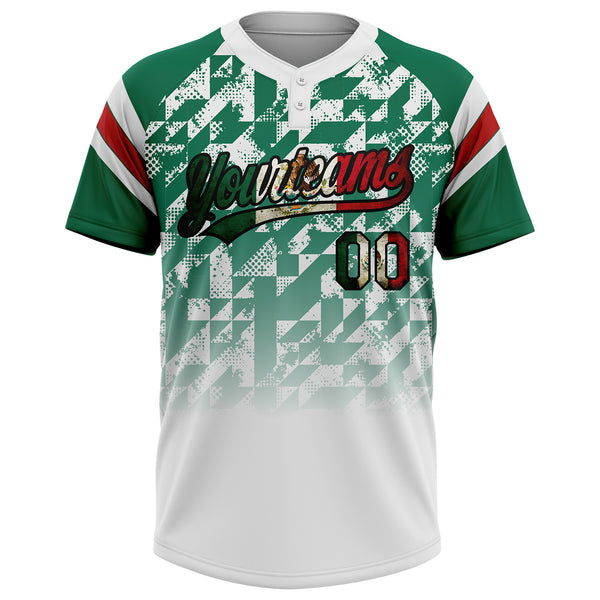 Custom White Vintage Mexican Flag Kelly Green Black-Red Gradient Geometric Grid Sleeve Stripes Two-Button Unisex Softball Jersey