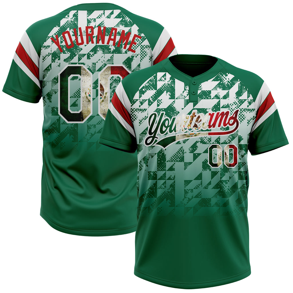 Custom Kelly Green Vintage Mexican Flag White-Red Gradient Geometric Grid Sleeve Stripes Two-Button Unisex Softball Jersey