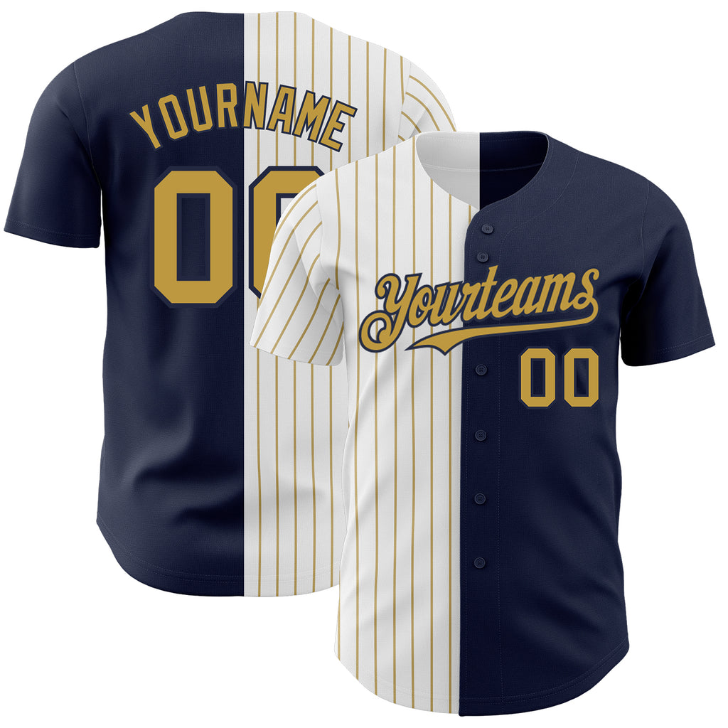 Custom Navy White-Old Gold Pinstripe Authentic Split Fashion Baseball Jersey