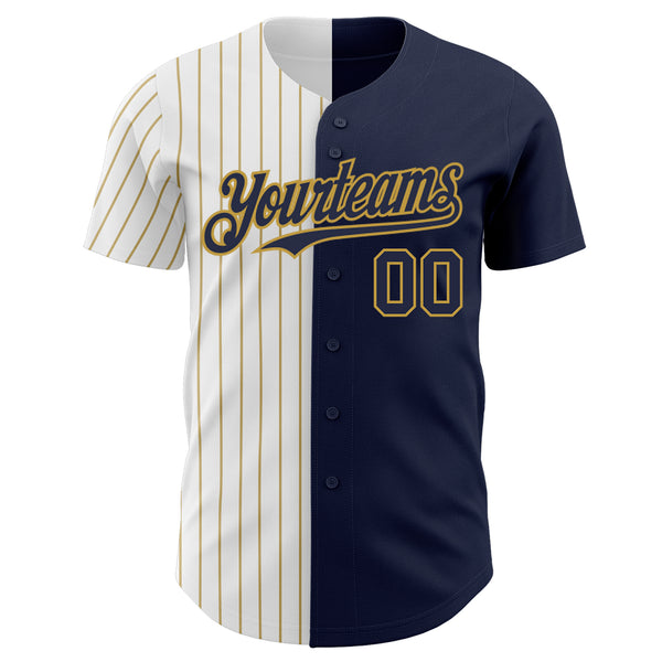 Custom Navy White-Old Gold Pinstripe Authentic Split Fashion Baseball Jersey