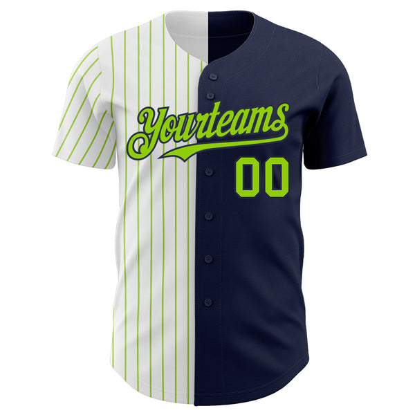 Custom Navy White-Neon Green Pinstripe Authentic Split Fashion Baseball Jersey