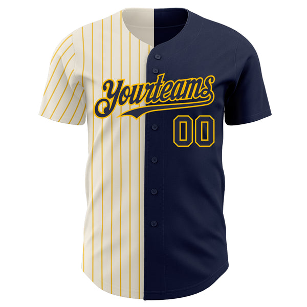 Custom Navy Cream-Gold Pinstripe Authentic Split Fashion Baseball Jersey
