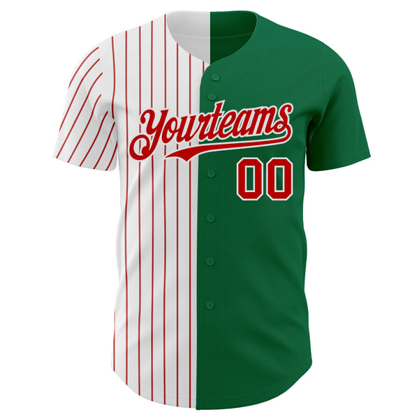 Custom Kelly Green White-Red Pinstripe Authentic Split Fashion Baseball Jersey
