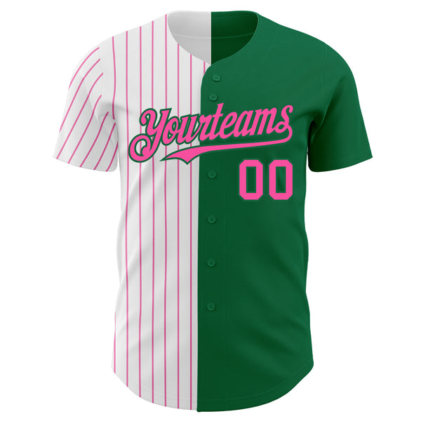 Custom Kelly Green White-Pink Pinstripe Authentic Split Fashion Baseball Jersey