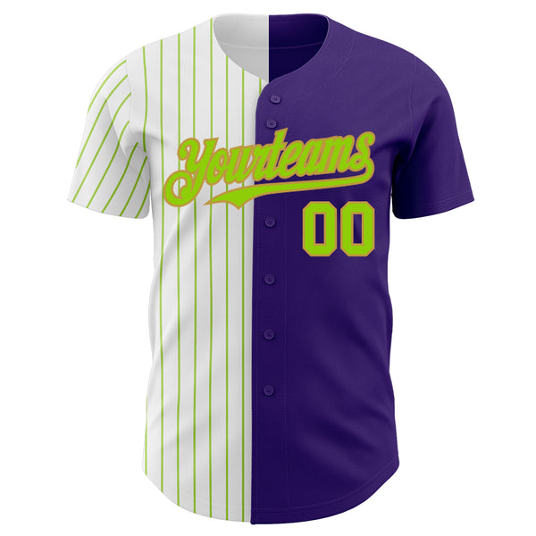 Custom Purple Old Gold-Neon Green Pinstripe Authentic Split Fashion Baseball Jersey