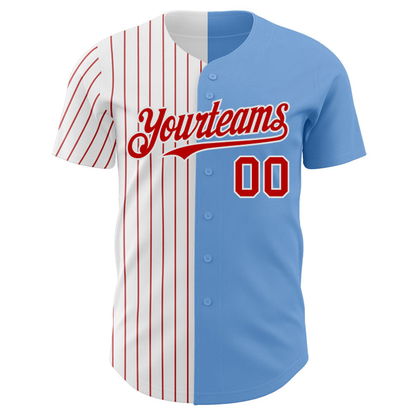 Custom Light Blue White-Red Pinstripe Authentic Split Fashion Baseball Jersey