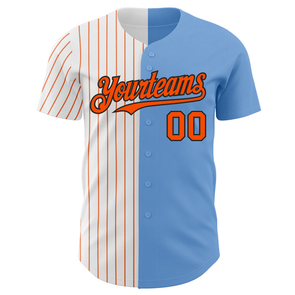 Custom Light Blue Black-Orange Pinstripe Authentic Split Fashion Baseball Jersey