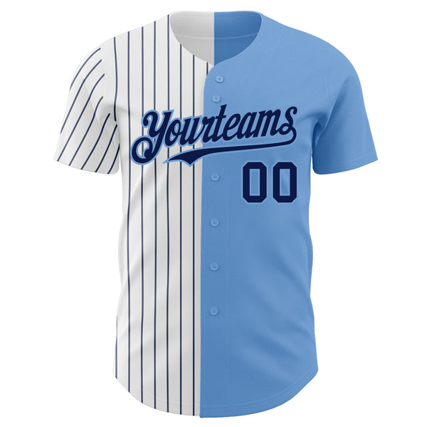 Custom Light Blue White-Navy Pinstripe Authentic Split Fashion Baseball Jersey