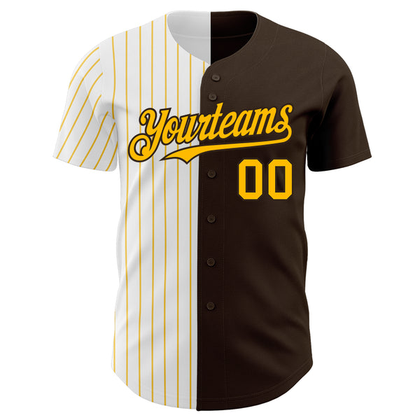 Custom Brown White-Gold Pinstripe Authentic Split Fashion Baseball Jersey