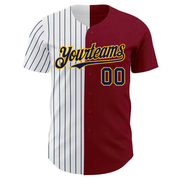 Custom Crimson Gold-Navy Pinstripe Authentic Split Fashion Baseball Jersey