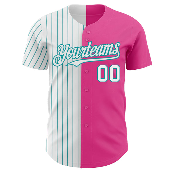 Custom Pink White-Teal Pinstripe Authentic Split Fashion Baseball Jersey