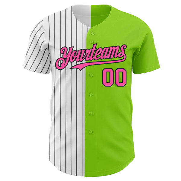 Custom Neon Green Pink-Black Pinstripe Authentic Split Fashion Baseball Jersey