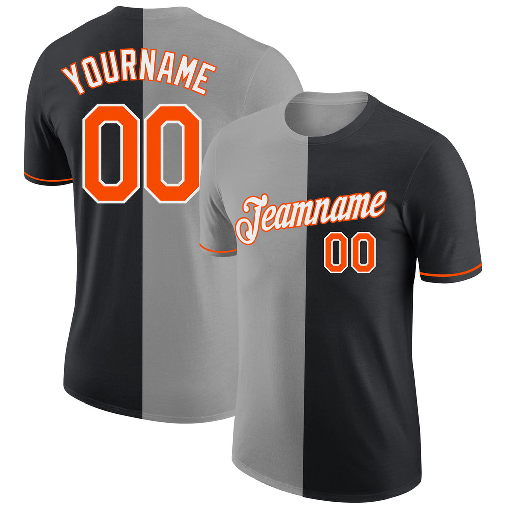 Custom Black Orange-Gray Split Fashion Performance T-Shirt