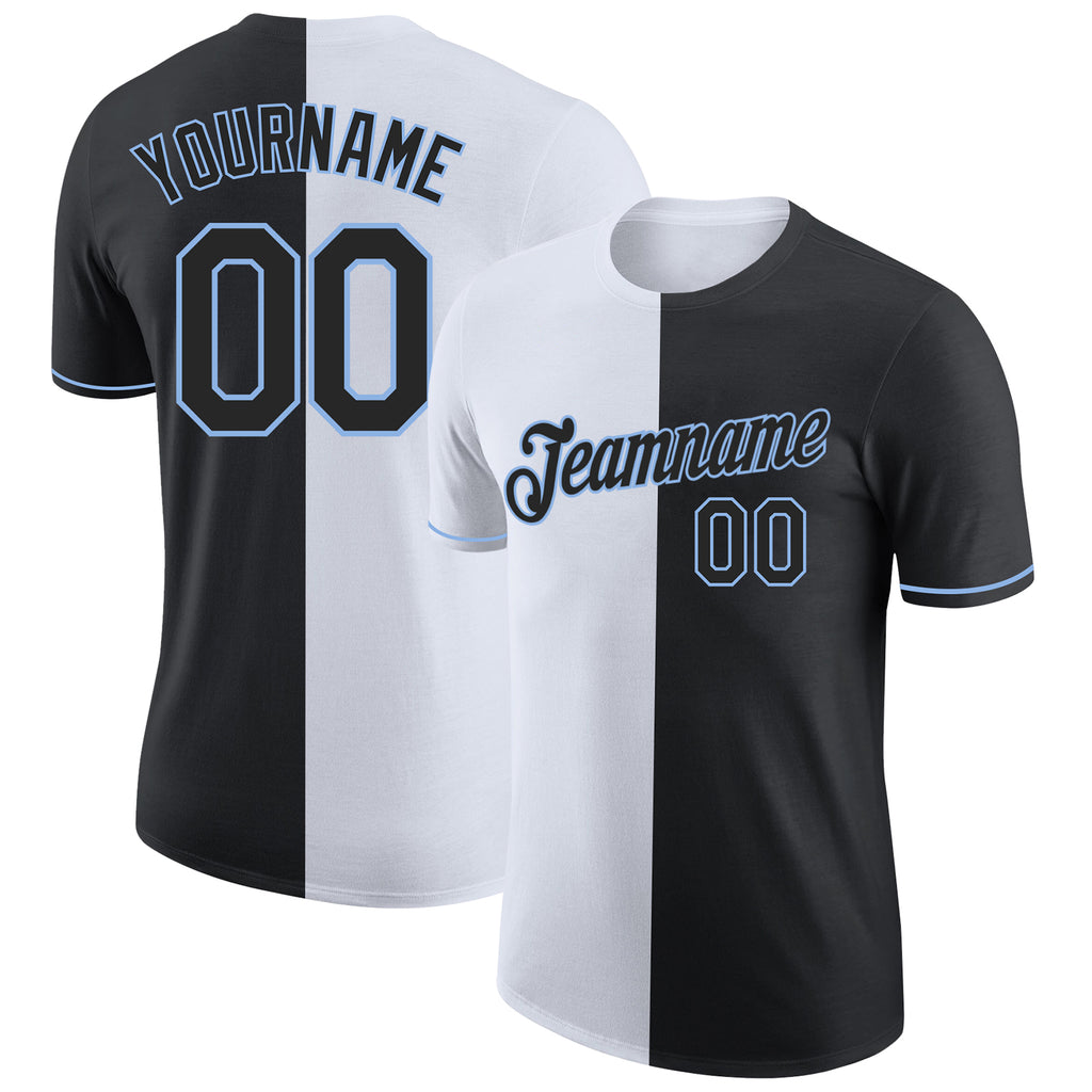 Custom Black White-Light Blue Split Fashion Performance T-Shirt