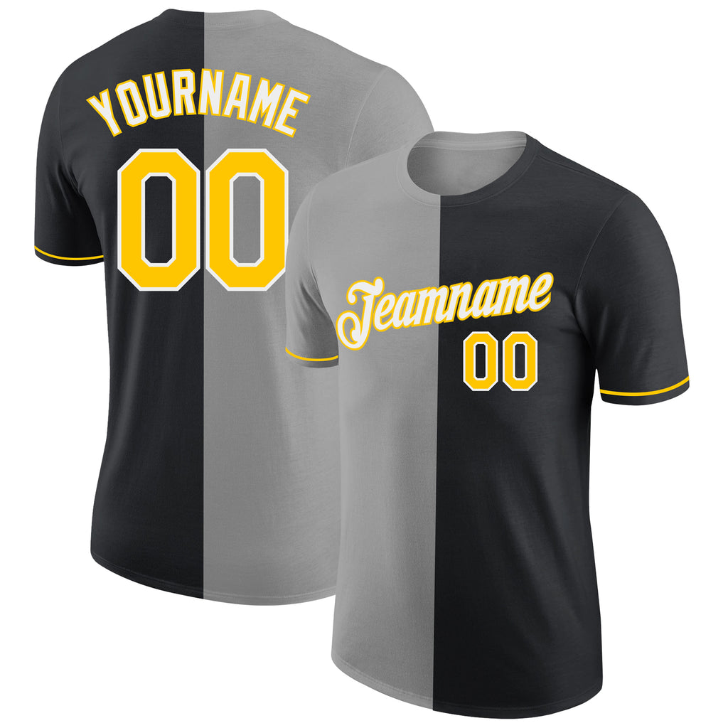 Custom Black Yellow-Gray Split Fashion Performance T-Shirt