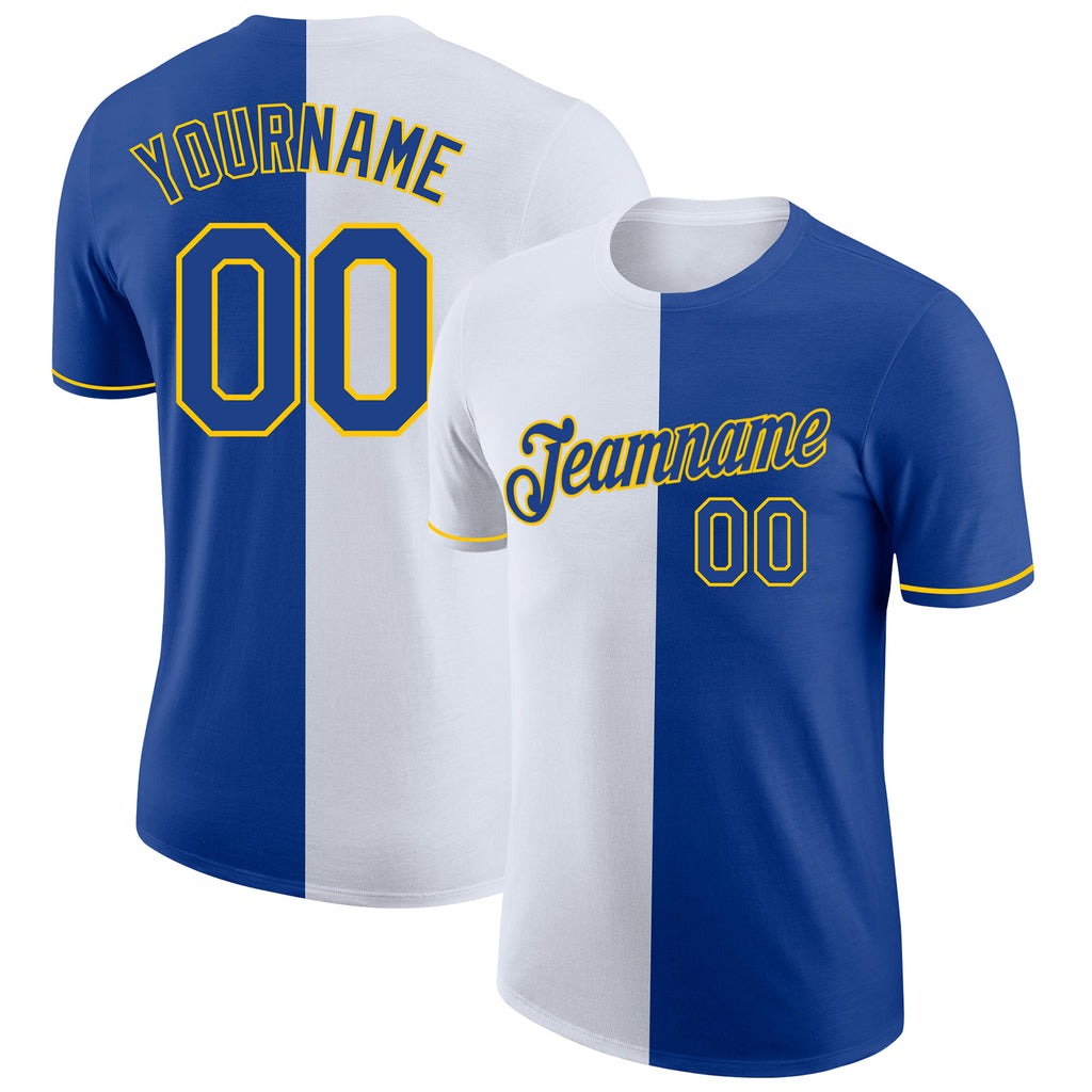 Custom Royal White-Yellow Split Fashion Performance T-Shirt