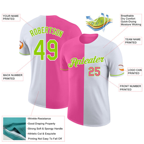 Custom White Neon Green-Pink Split Fashion Performance T-Shirt