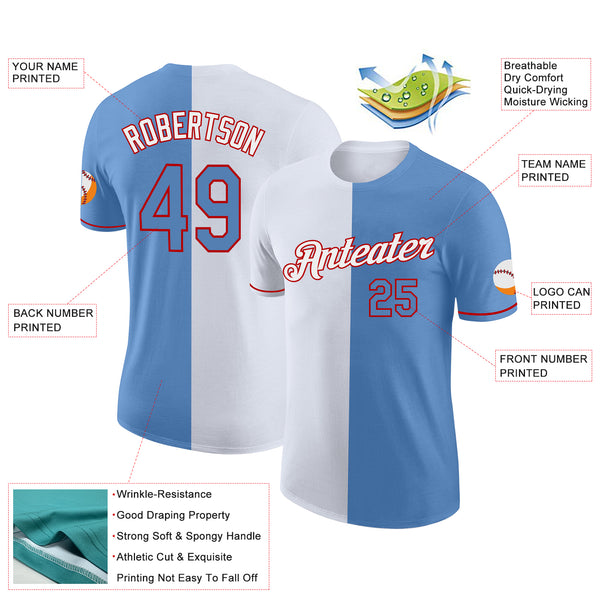 Custom Light Blue White-Red Split Fashion Performance T-Shirt