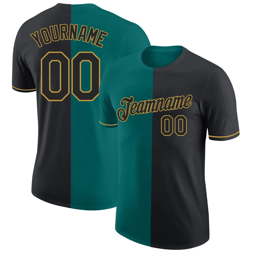 Custom Black Teal-Old Gold Split Fashion Performance T-Shirt