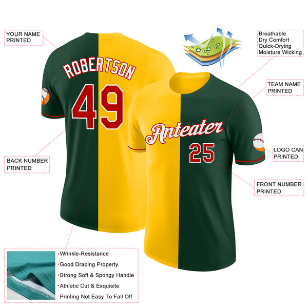 Custom Green Red-Yellow Split Fashion Performance T-Shirt