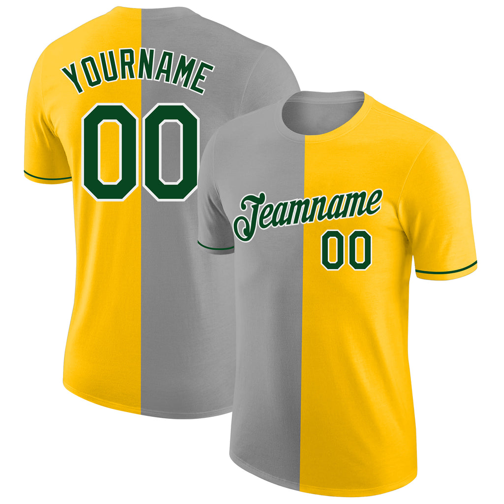 Custom Yellow Green-Gray Split Fashion Performance T-Shirt
