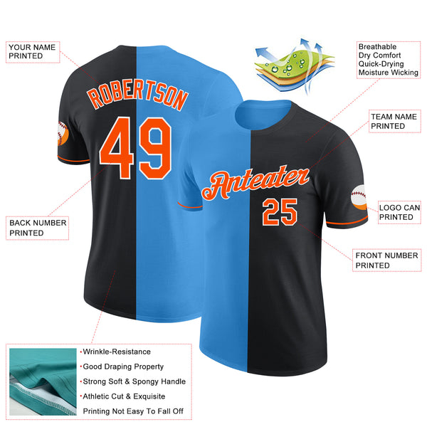 Custom Black Orange-Powder Blue Split Fashion Performance T-Shirt