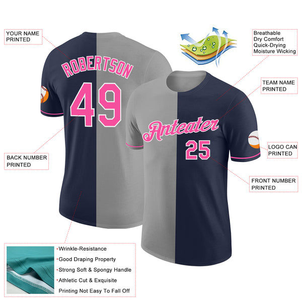 Custom Navy Pink-Gray Split Fashion Performance T-Shirt