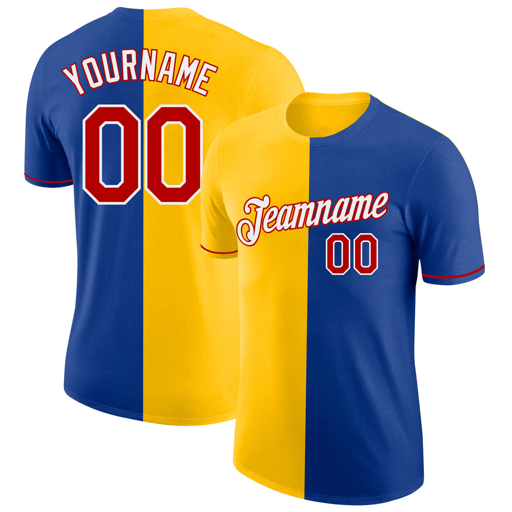 Custom Royal Red-Yellow Split Fashion Performance T-Shirt