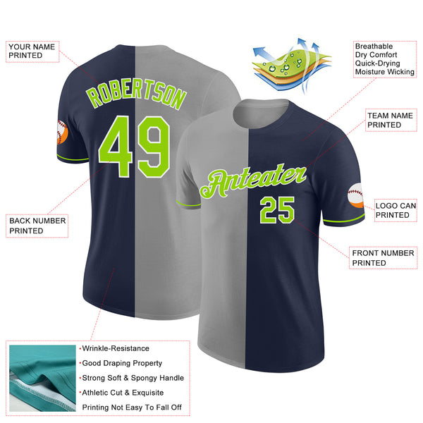 Custom Navy Neon Green-Gray Split Fashion Performance T-Shirt