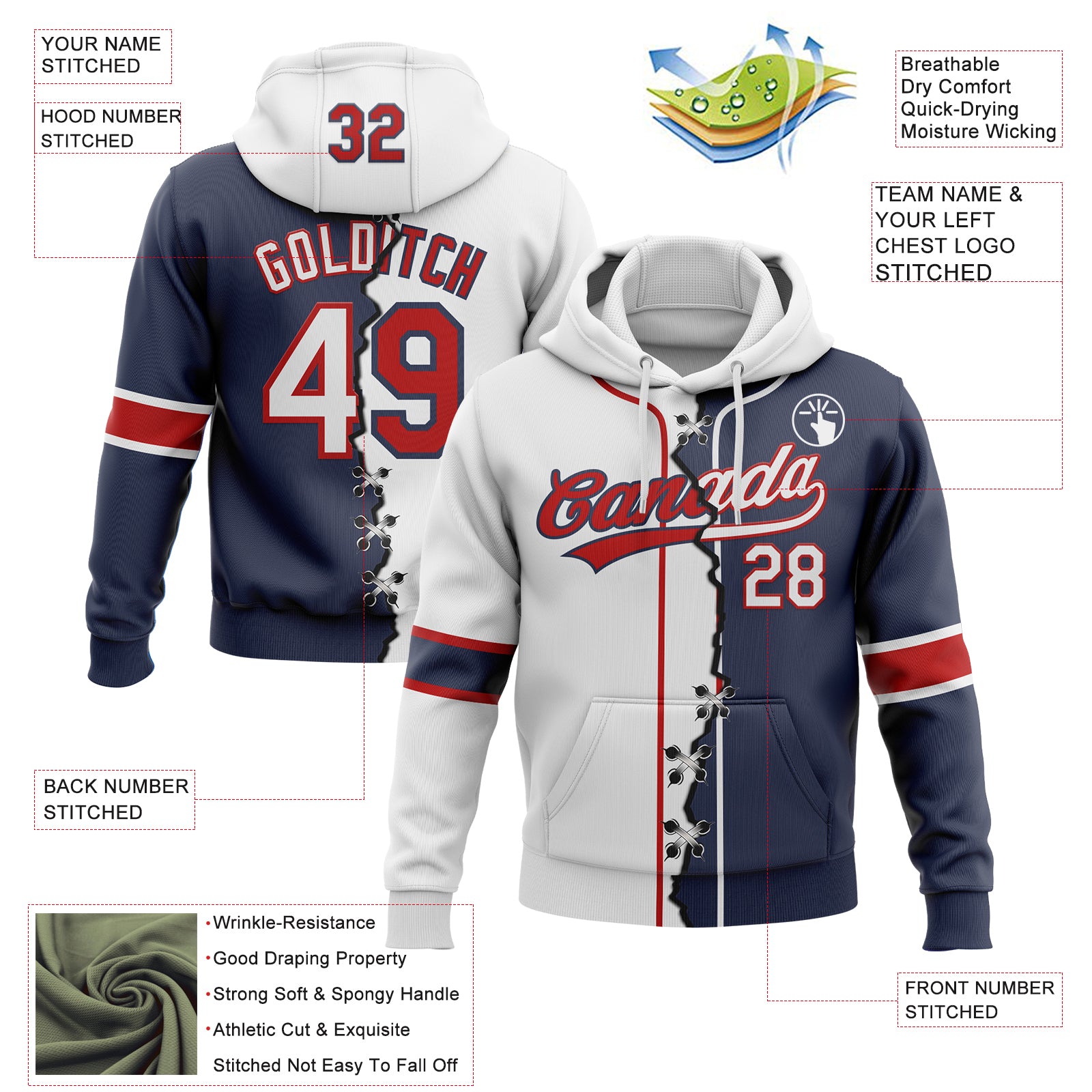 Custom Navy White-Red Split Ripped Pattern Baseball Pullover Sweatshirt Hoodie