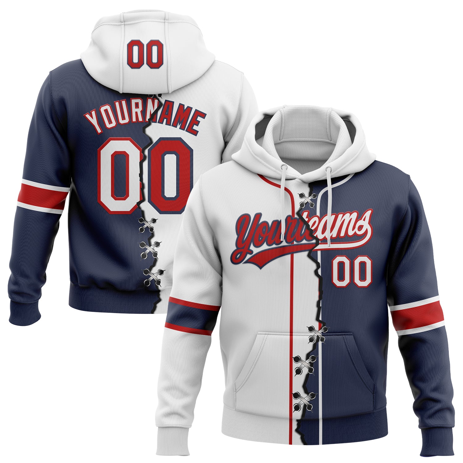 Custom Navy White-Red Split Ripped Pattern Baseball Pullover Sweatshirt Hoodie